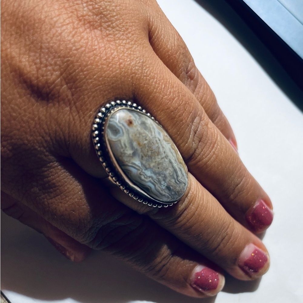 925 Solid Elegant Silver And Gray Stone Ring - image 4